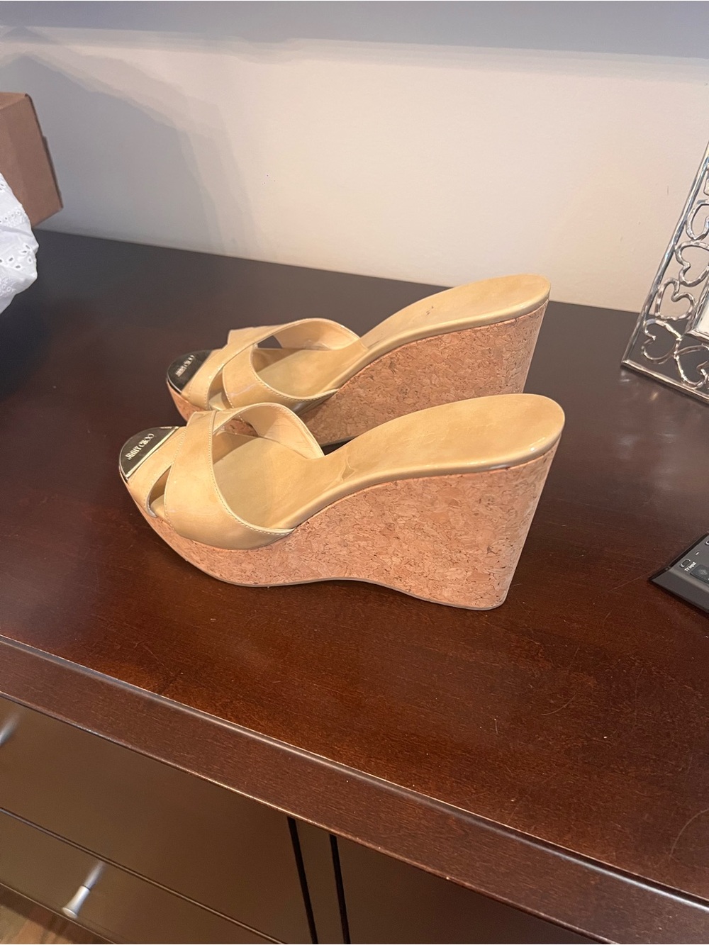Jimmy Choo Nude Patent Leather Crisscross Slide Mules - Picture 2 of 5